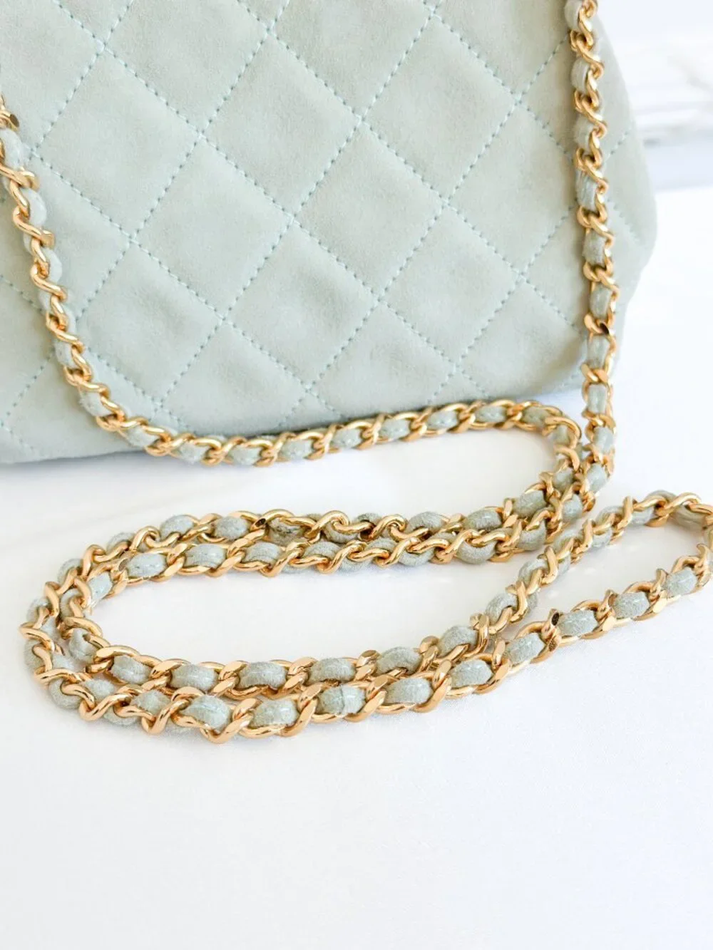 Vintage Chanel Quilted Suede Chain Frame Bag – Mint Green Kiss Lock Shoulder Bag